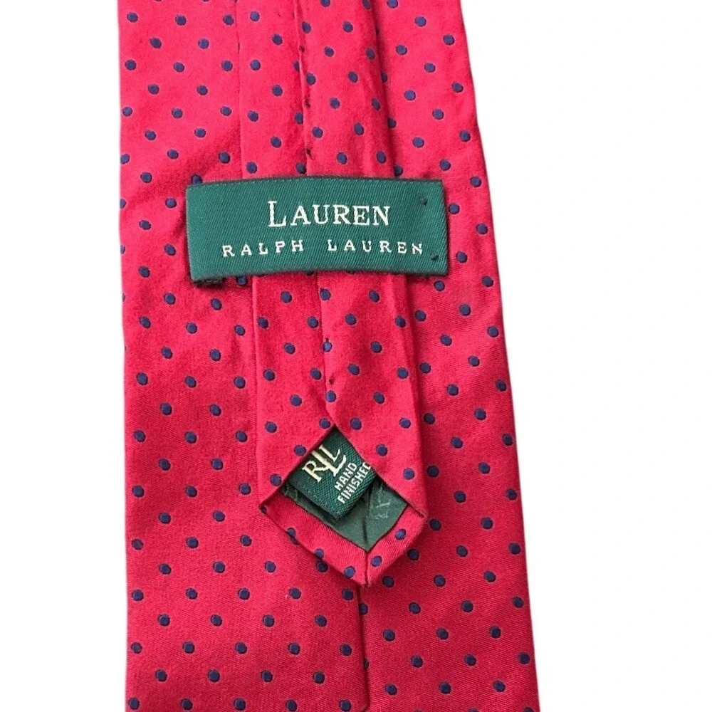 Lauren Ralph Lauren Mens Red Navy Blue Polka Dot Silk Necktie Hand Finished‎ USA